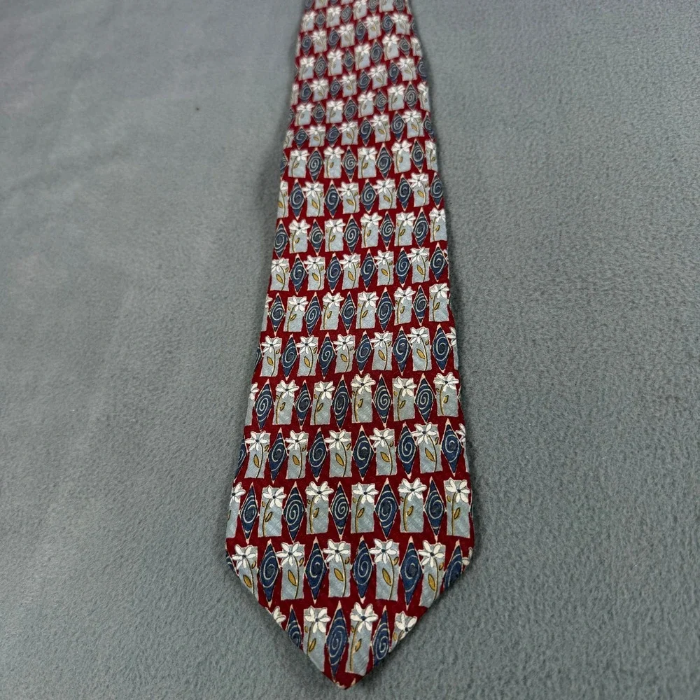 Structure Mens Silk Tie Red Blue Floral Geometric Pattern Made in USA Vintage